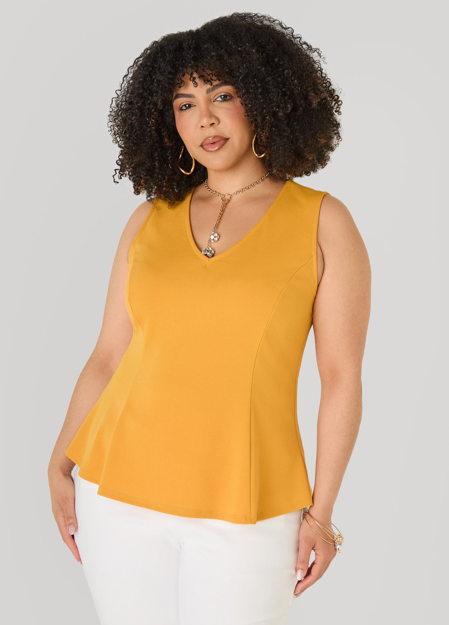 Ashley Stewart V Neck Stretch Crepe Peplum Top Cocoa
