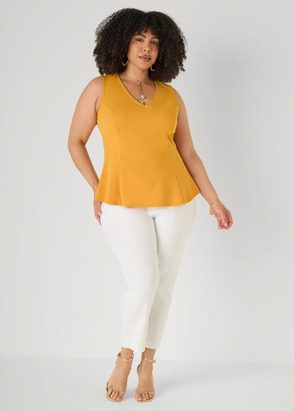 Ashley Stewart V Neck Stretch Crepe Peplum Top Cocoa