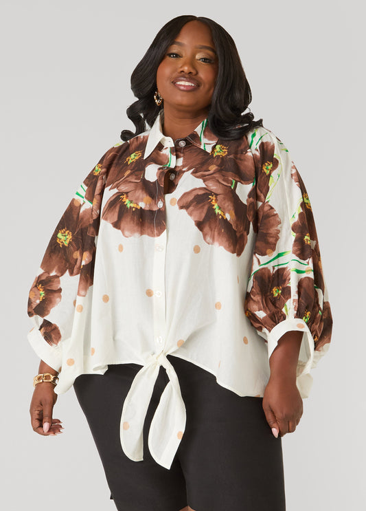 Ashley Stewart Tie Front Floral Cotton Shirt Brown