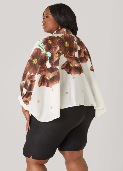Ashley Stewart Tie Front Floral Cotton Shirt Brown