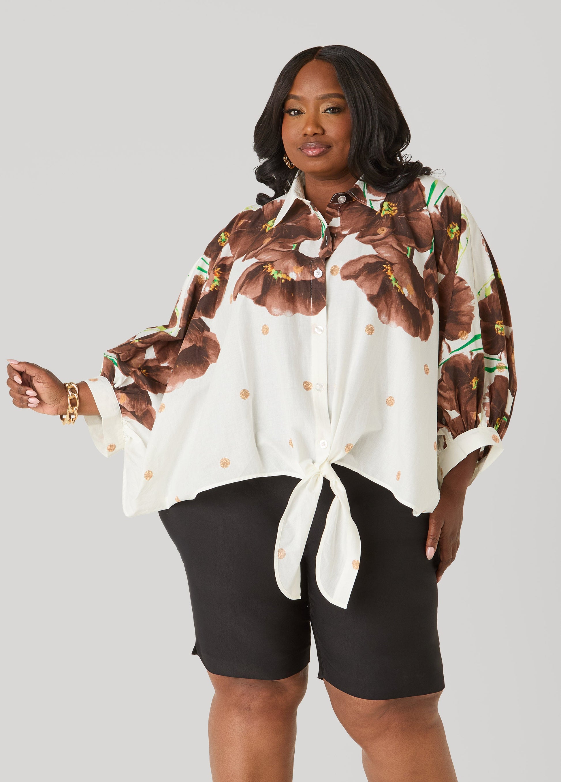 Ashley Stewart Tie Front Floral Cotton Shirt Brown