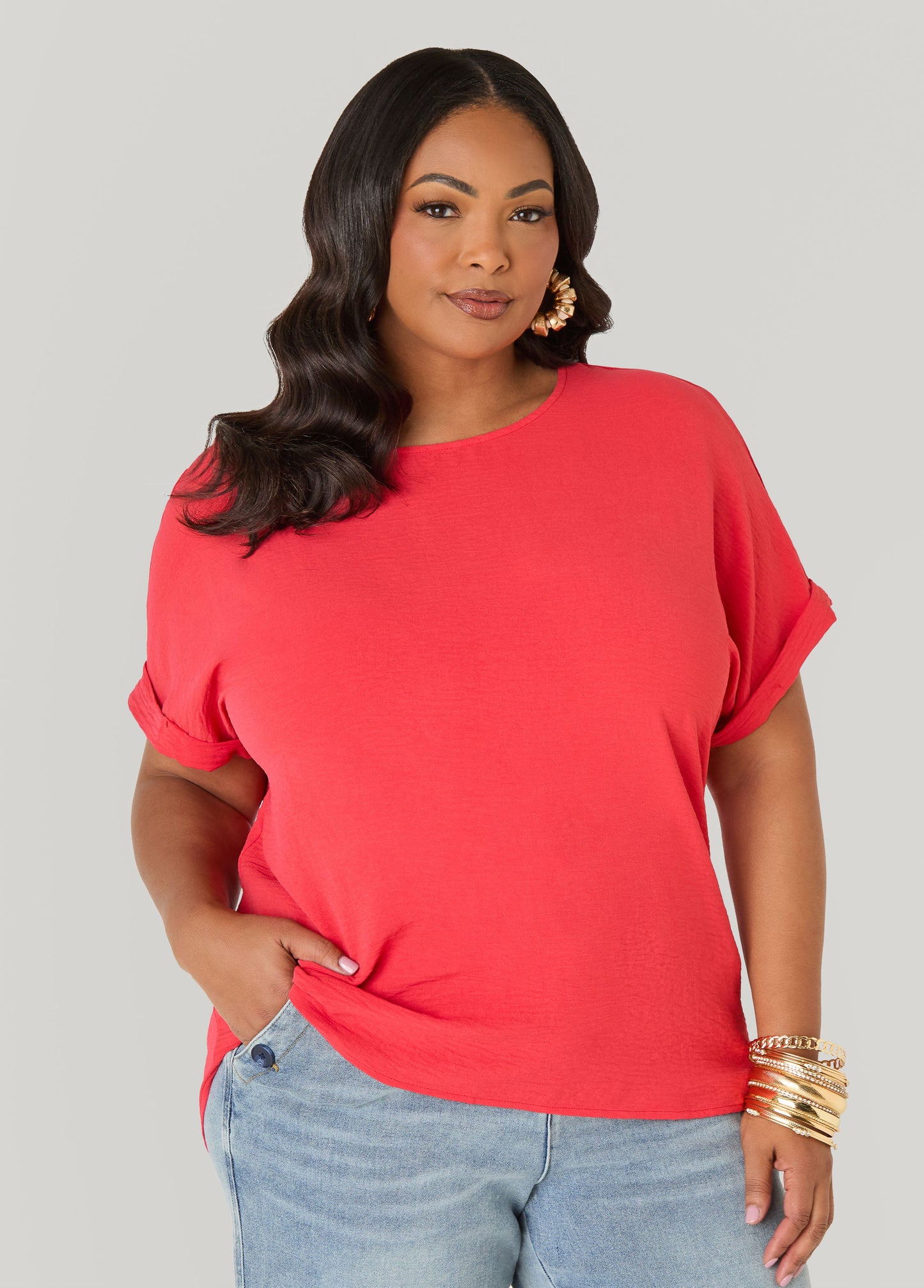 Ashley Stewart Cuffed Textured Top Victoria Blue