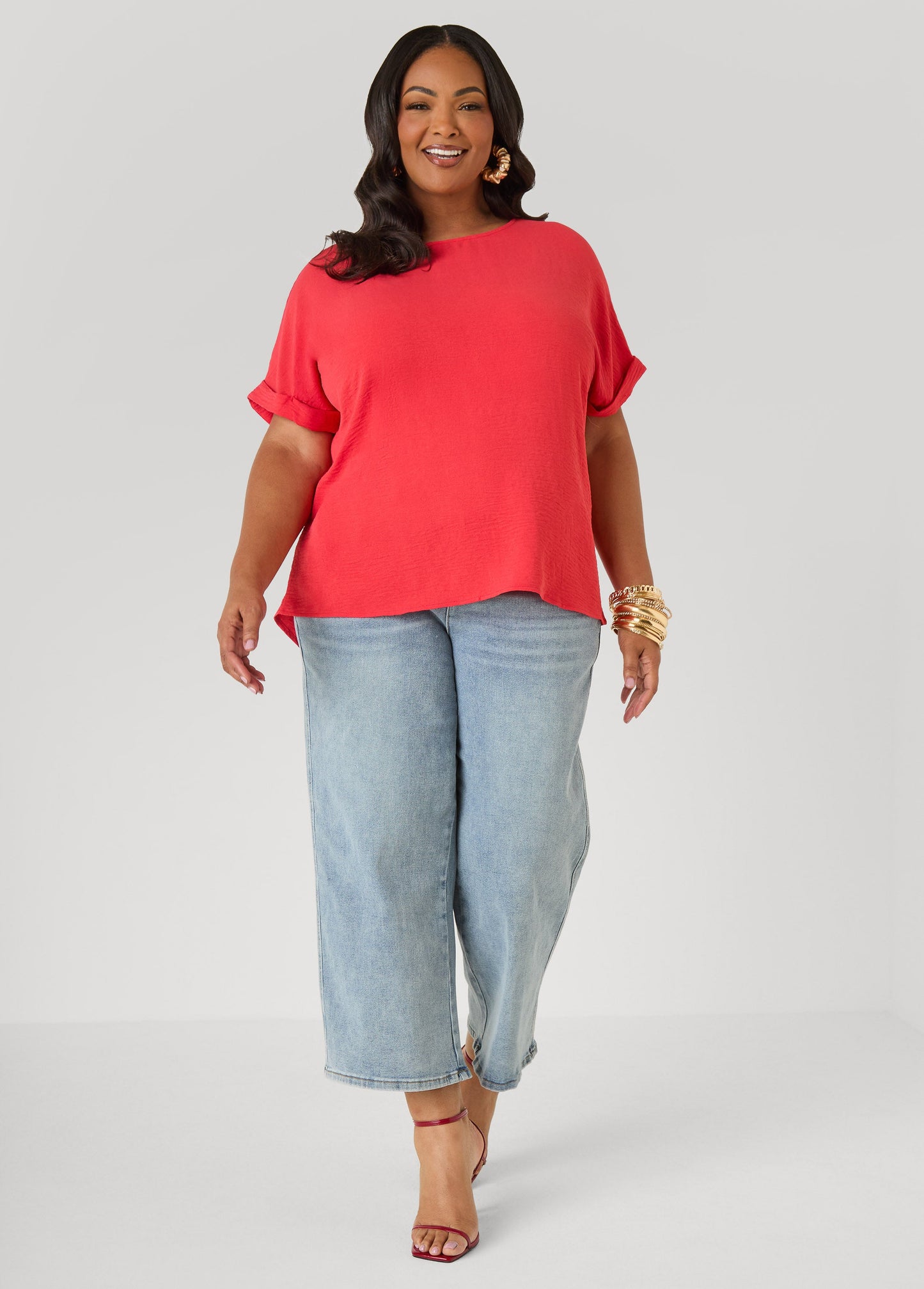 Ashley Stewart Cuffed Textured Top Victoria Blue