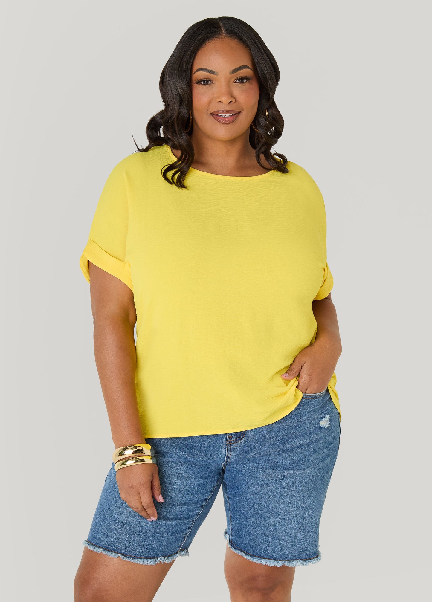 Ashley Stewart Cuffed Textured Top Victoria Blue