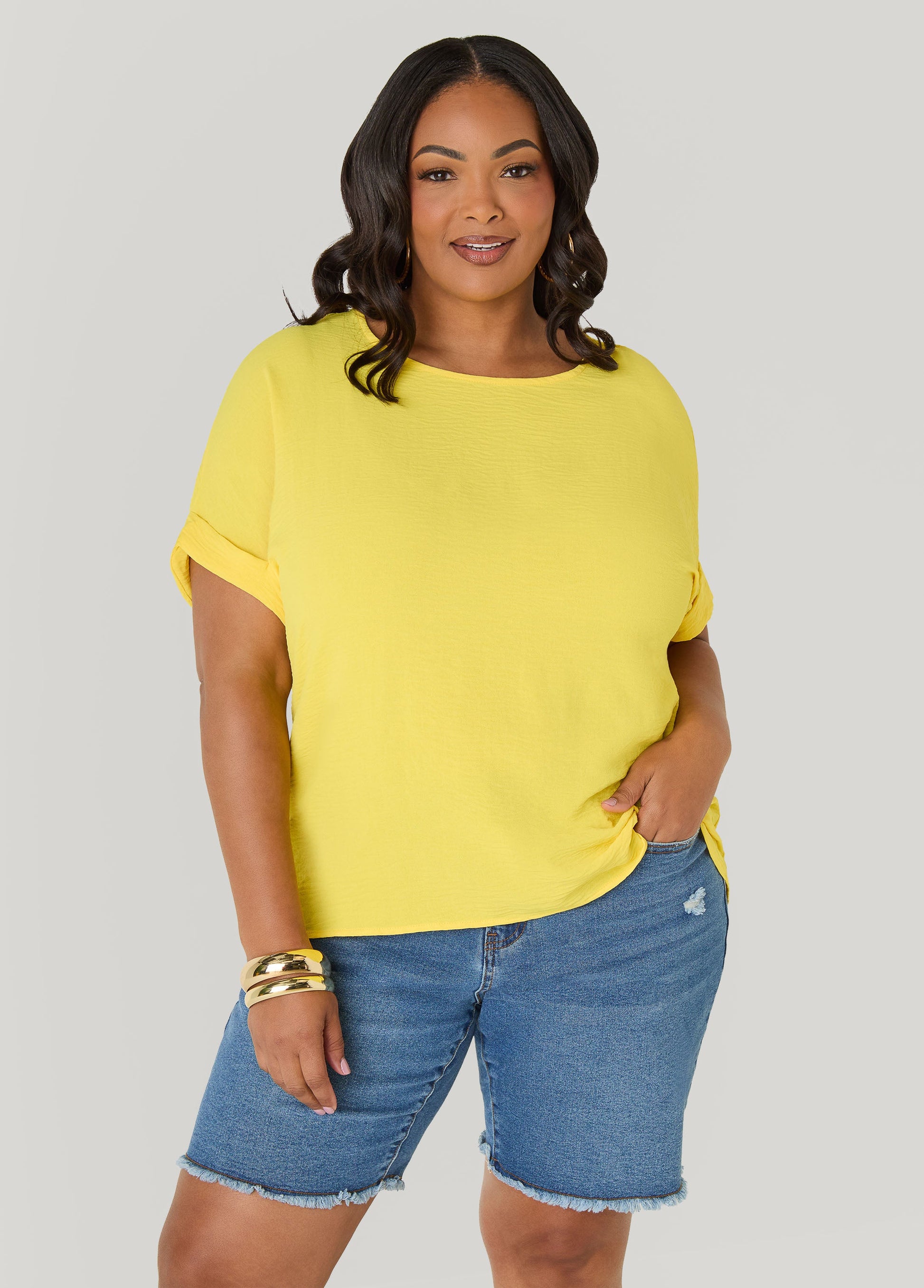 Ashley Stewart Cuffed Textured Top Victoria Blue