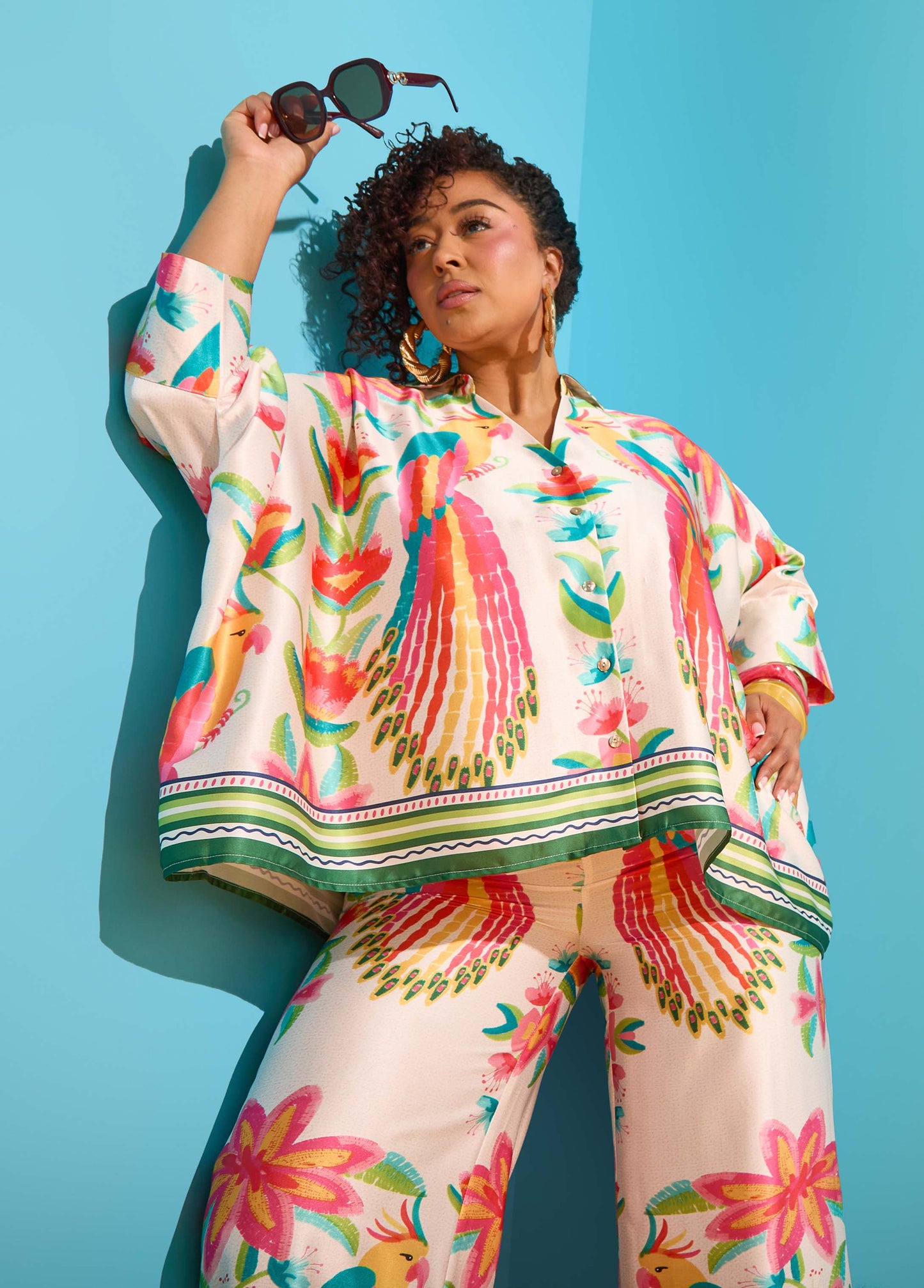 Ashley Stewart Parrot Print Satin Shirt Multi