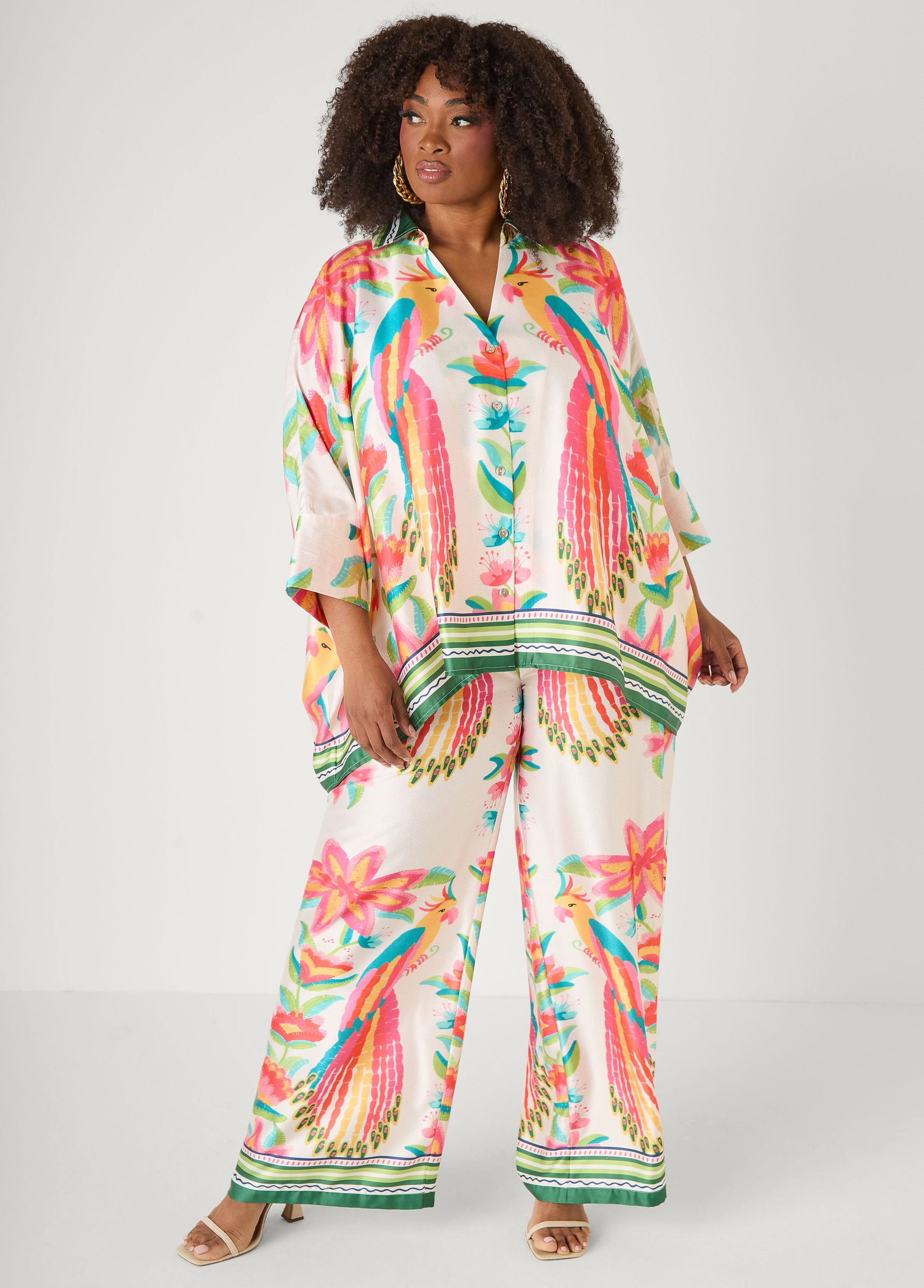 Ashley Stewart Parrot Print Satin Shirt Multi
