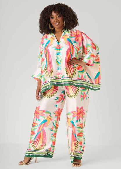 Ashley Stewart Parrot Print Satin Shirt Multi