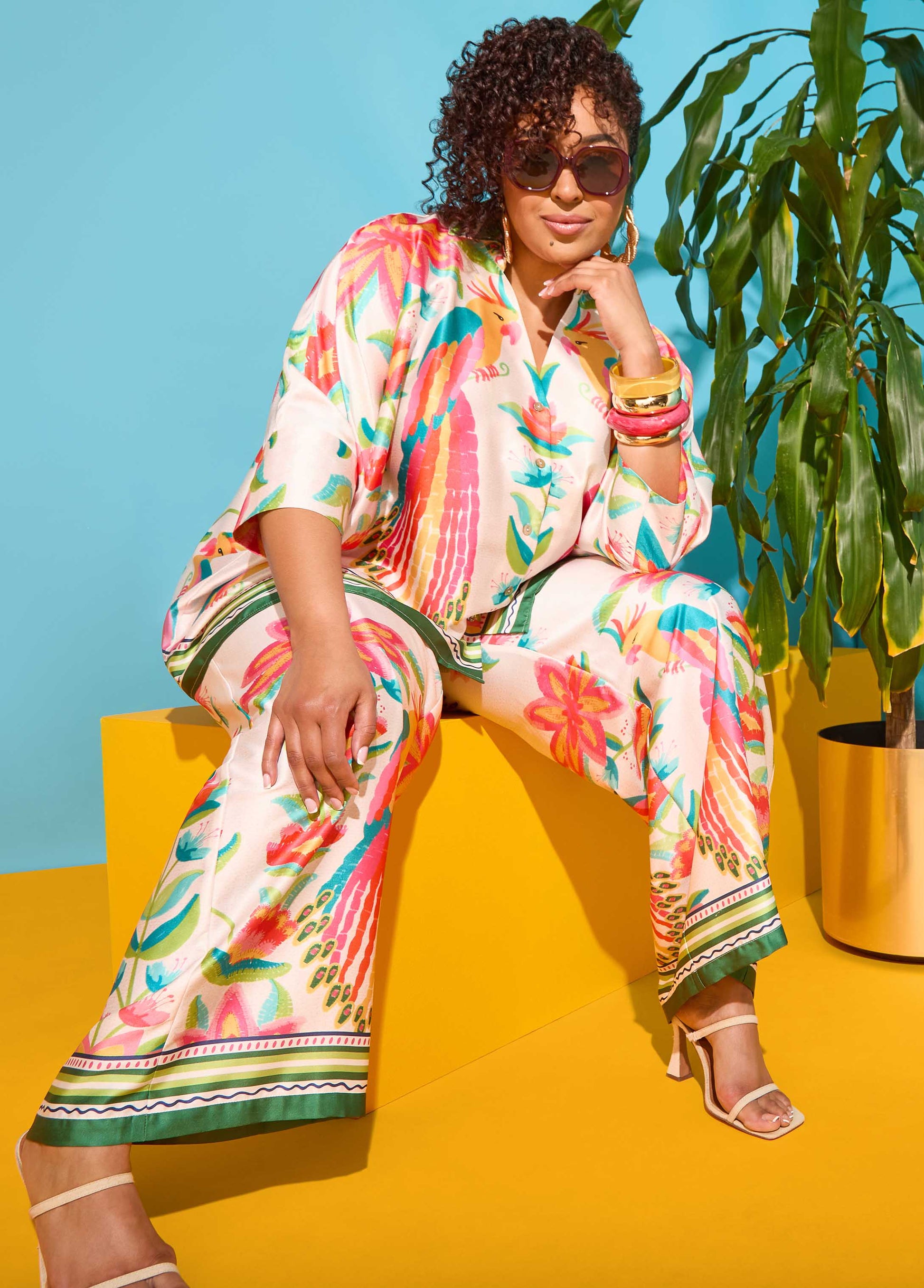 Ashley Stewart Parrot Print Satin Shirt Multi