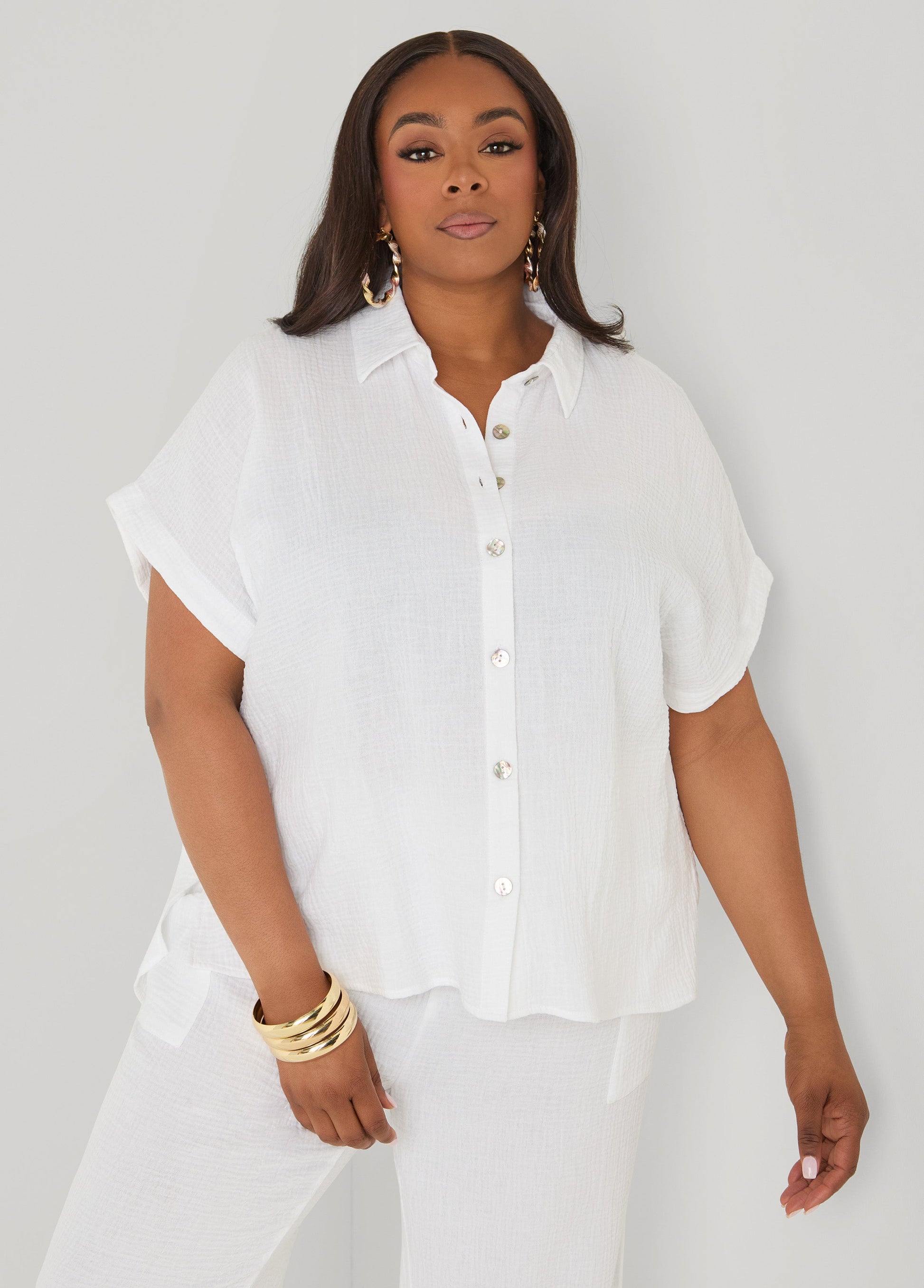 Ashley Stewart Textured Cotton Gauze Shirt White