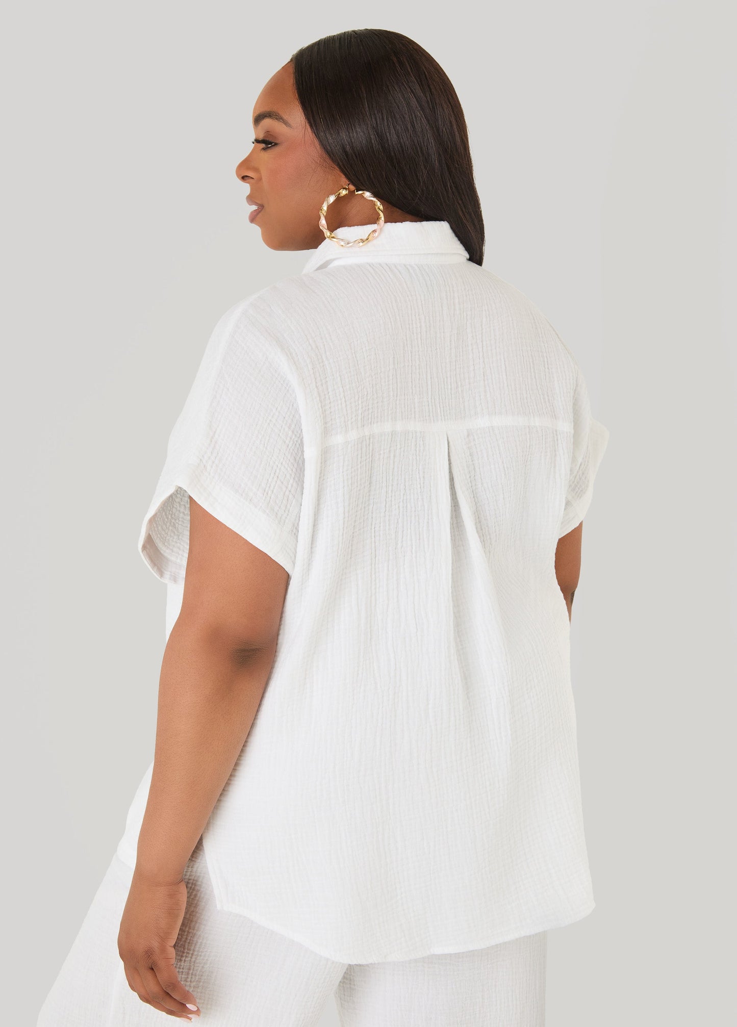 Ashley Stewart Textured Cotton Gauze Shirt White