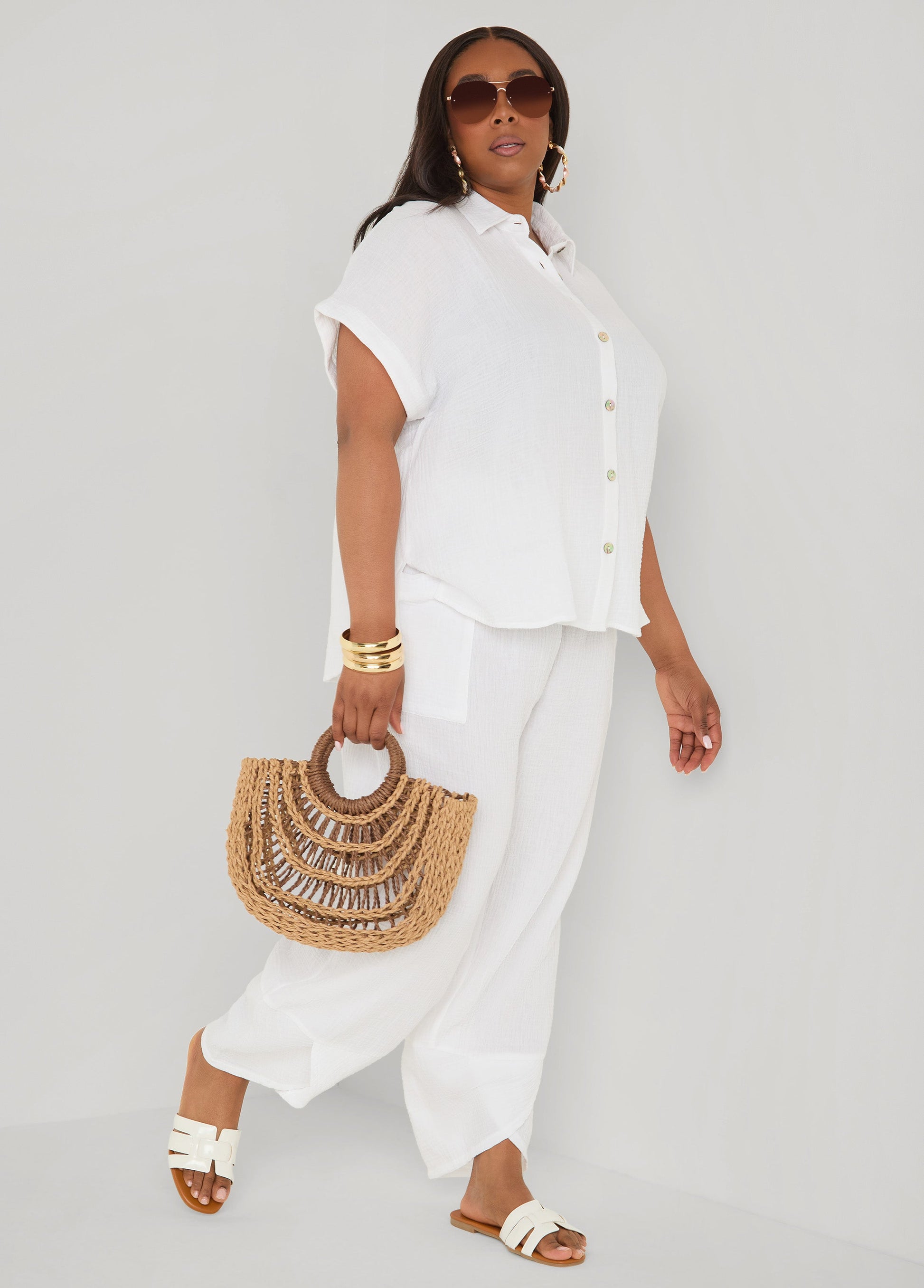 Ashley Stewart Textured Cotton Gauze Shirt White