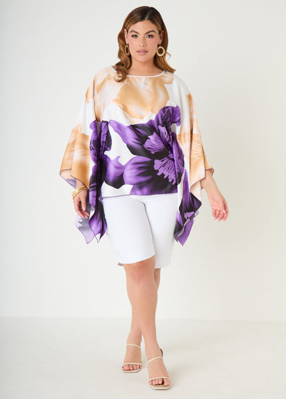 Ashley Stewart Draped Sleeve Floral Print Tunic Navy Peony
