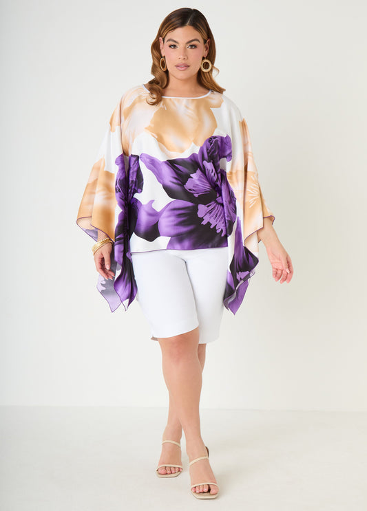 Ashley Stewart Draped Sleeve Floral Print Tunic Navy Peony