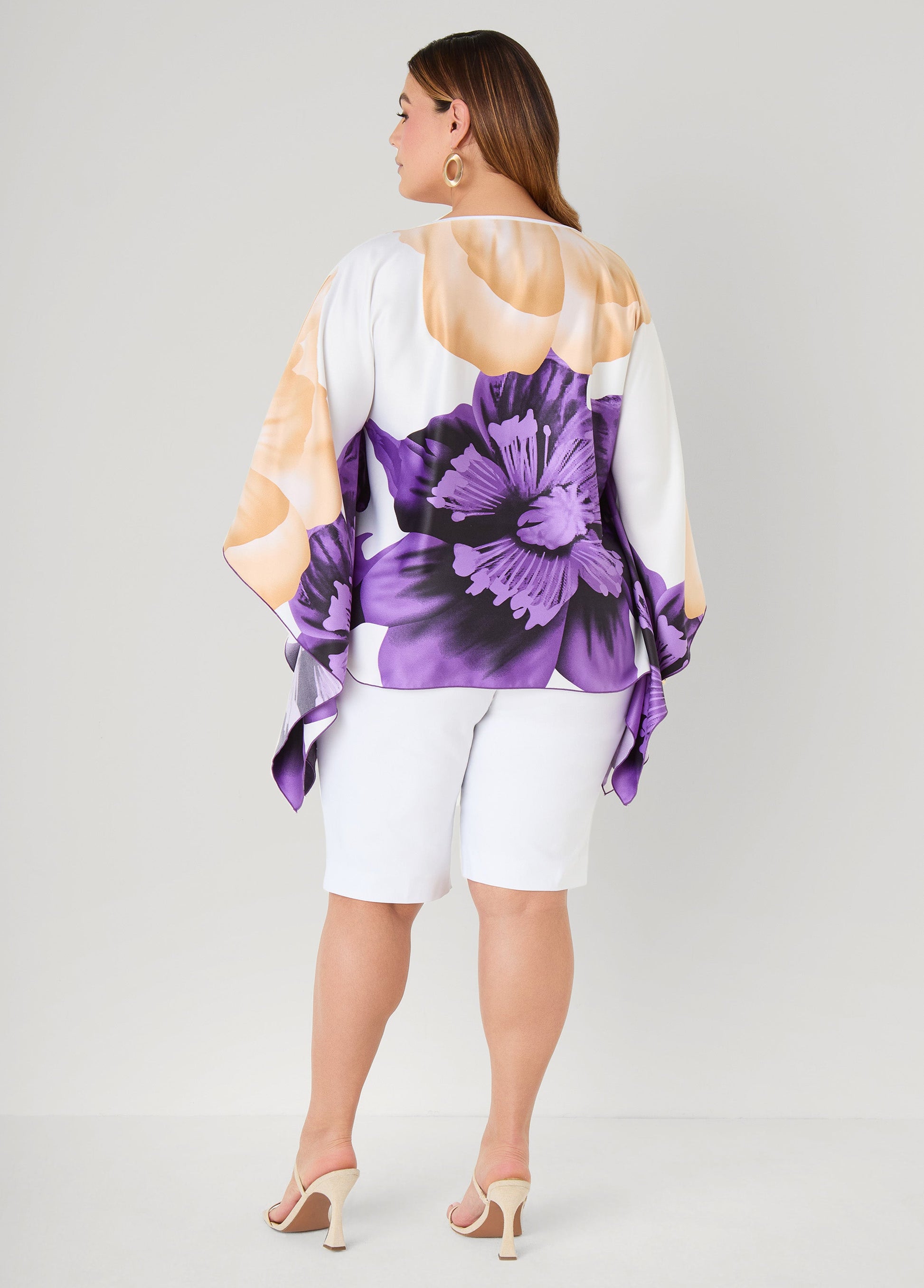 Ashley Stewart Draped Sleeve Floral Print Tunic Navy Peony