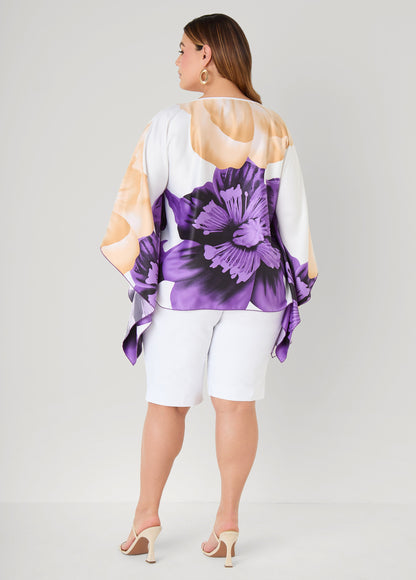 Ashley Stewart Draped Sleeve Floral Print Tunic Navy Peony