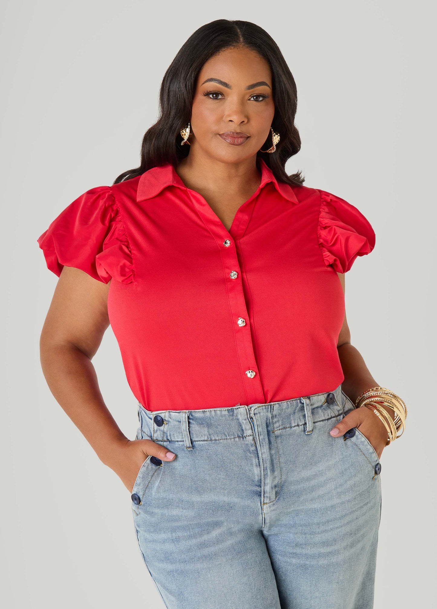 Ashley Stewart Puff Sleeved Paneled Shirt Poinsettia