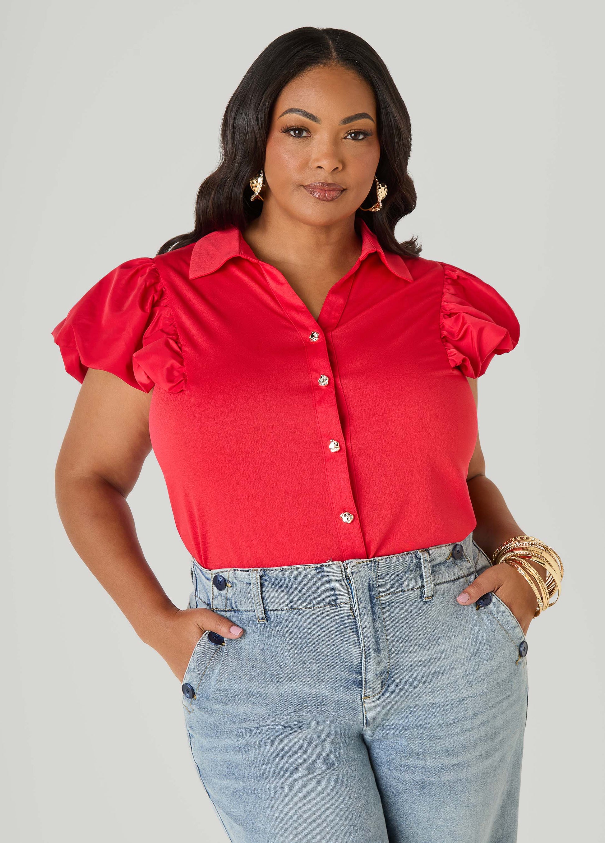 Ashley Stewart Puff Sleeved Paneled Shirt Poinsettia