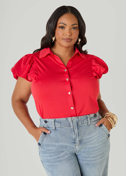 Ashley Stewart Puff Sleeved Paneled Shirt Poinsettia