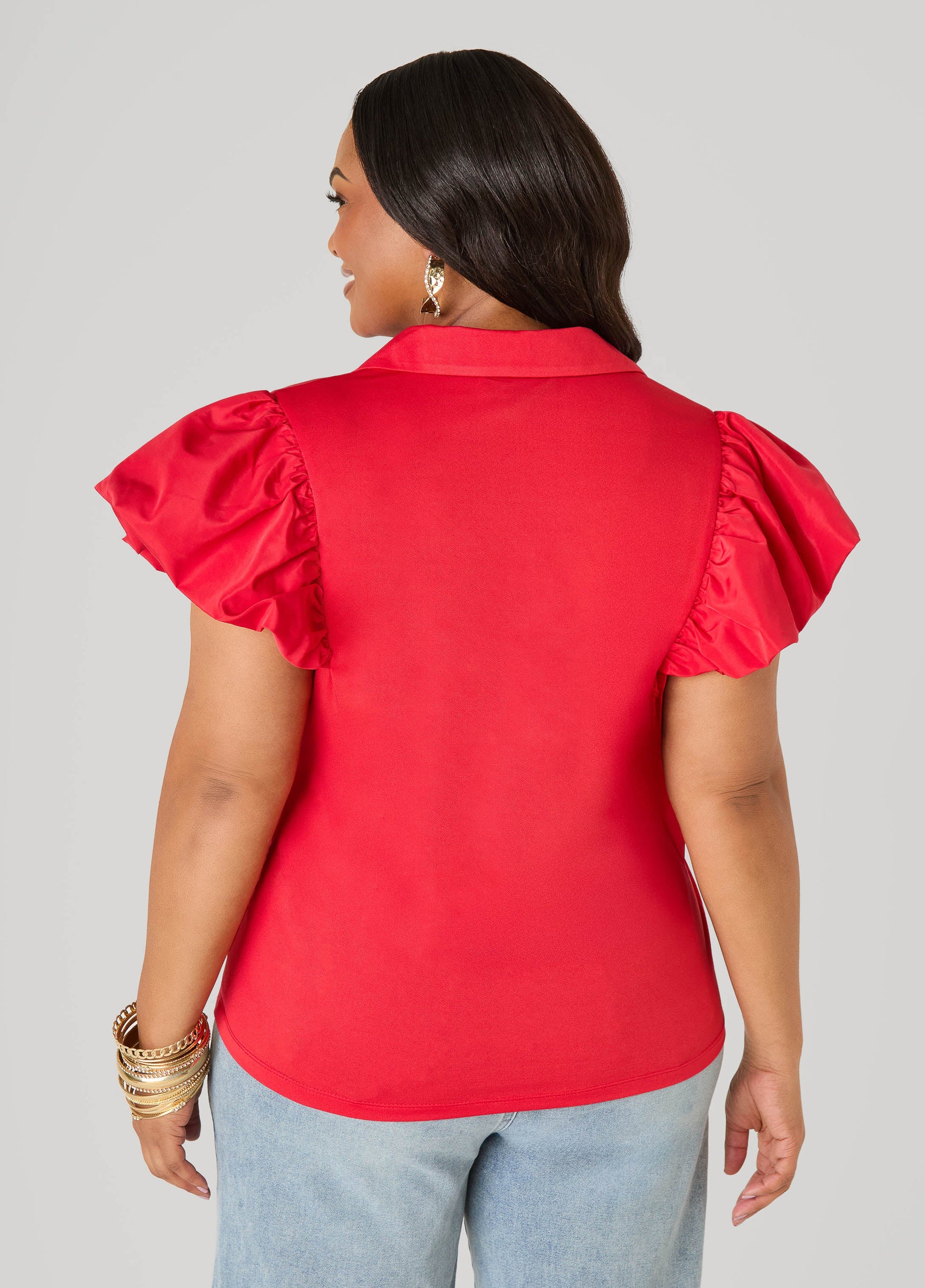 Ashley Stewart Puff Sleeved Paneled Shirt Poinsettia
