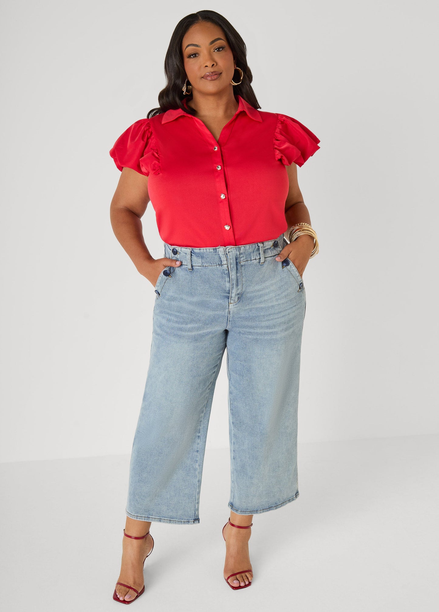 Ashley Stewart Puff Sleeved Paneled Shirt Poinsettia
