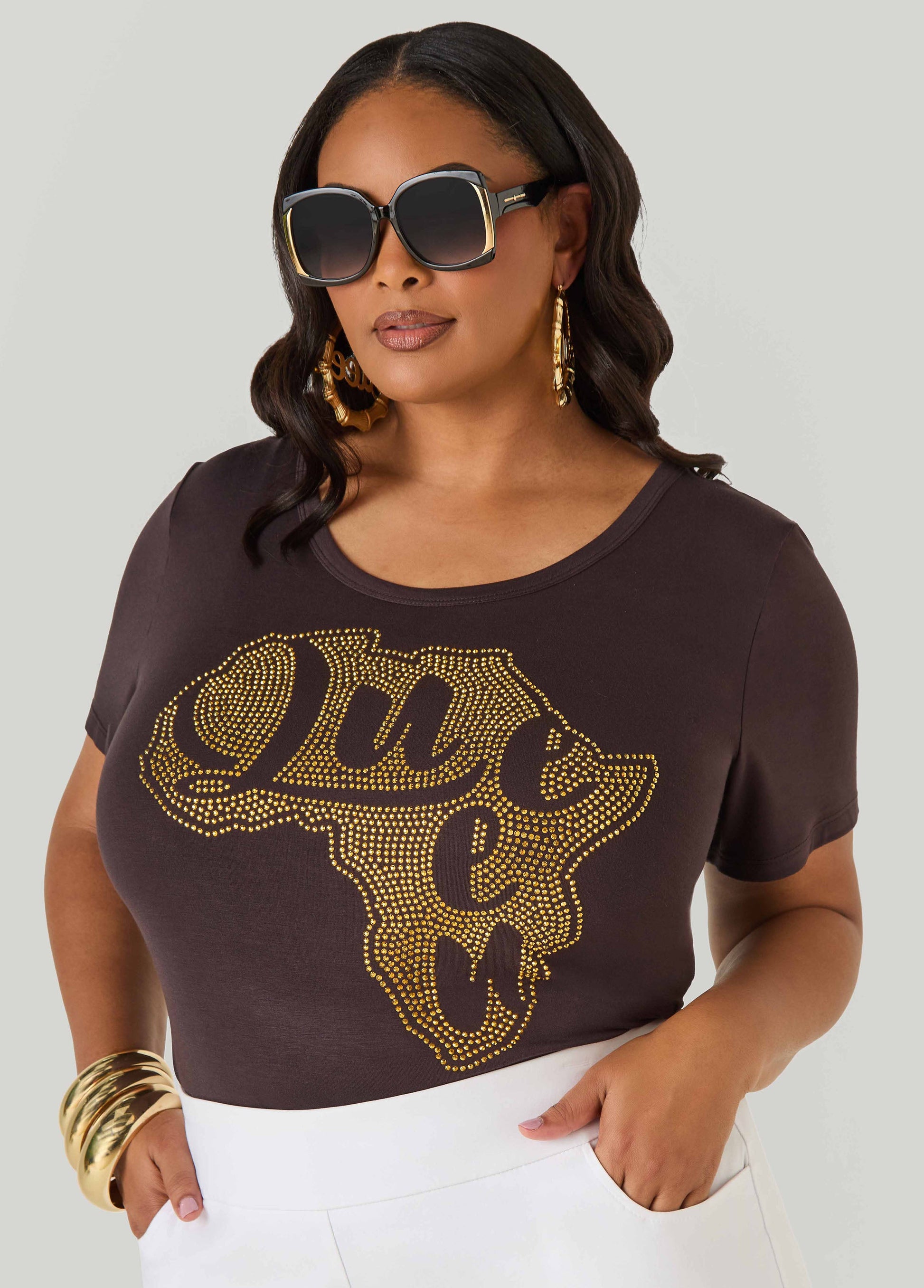 Ashley Stewart Queen Africa Crystal Tee Brown