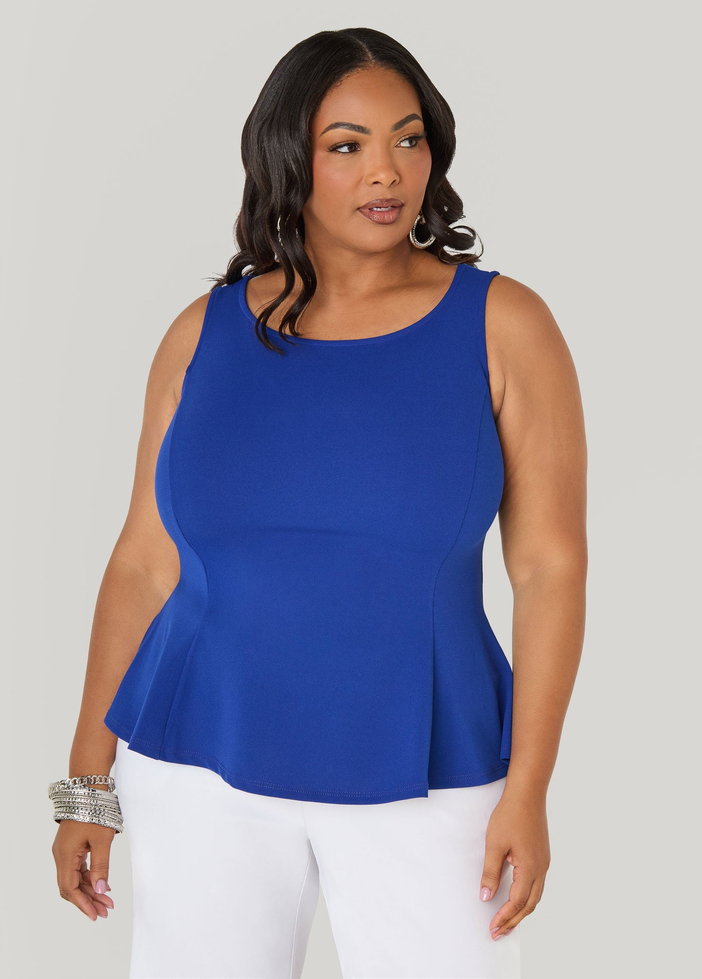 Ashley Stewart Stretch Crepe Peplum Top Royal Blue