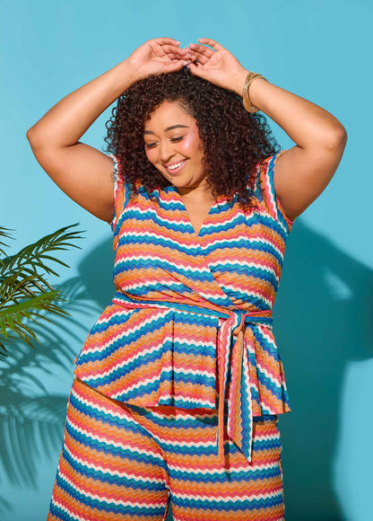 Ashley Stewart Chevron Knit Faux Wrap Top Caribbean Sea