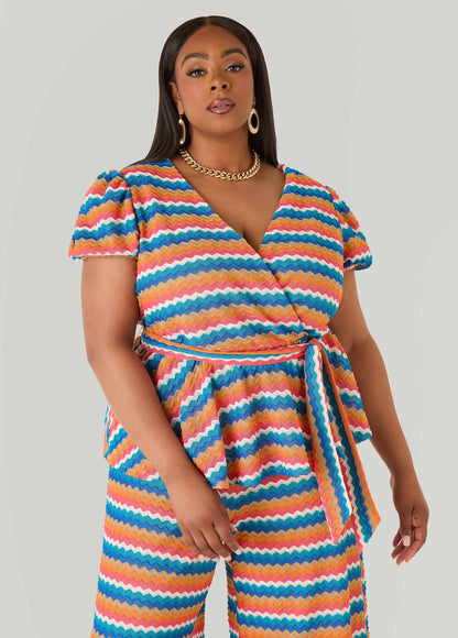 Ashley Stewart Chevron Knit Faux Wrap Top Caribbean Sea