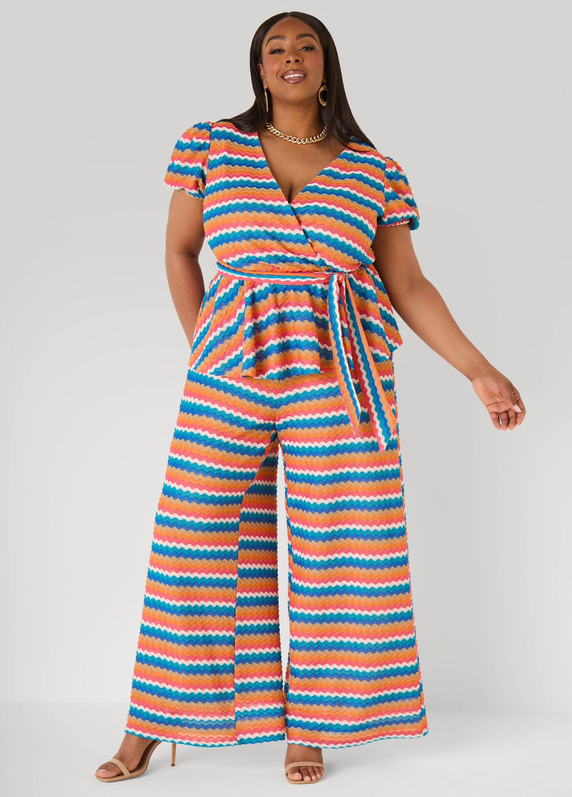 Ashley Stewart Chevron Knit Faux Wrap Top Caribbean Sea