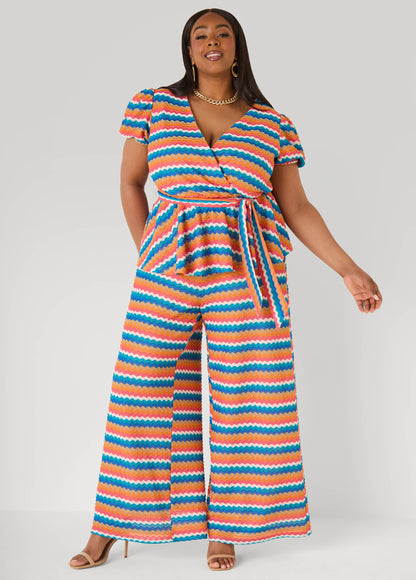 Ashley Stewart Chevron Knit Faux Wrap Top Caribbean Sea