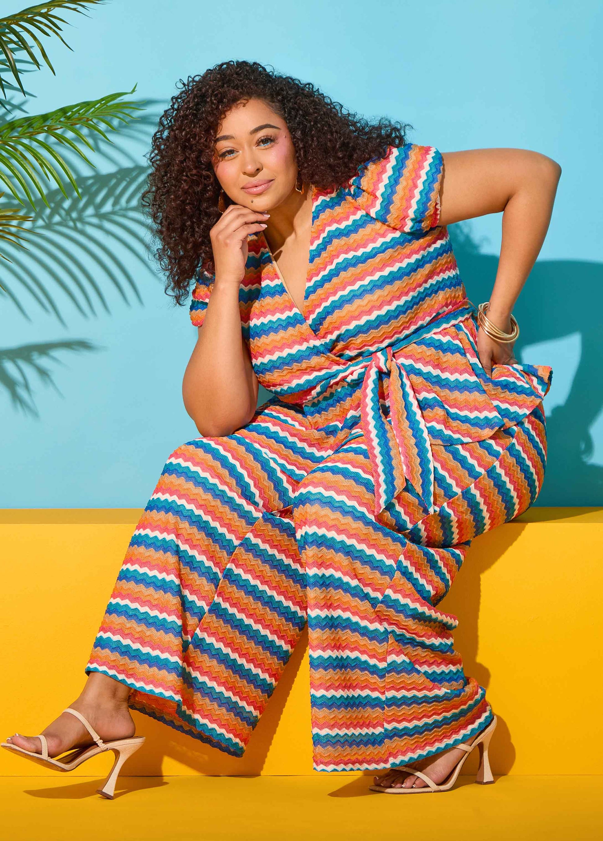 Ashley Stewart Chevron Knit Faux Wrap Top Caribbean Sea