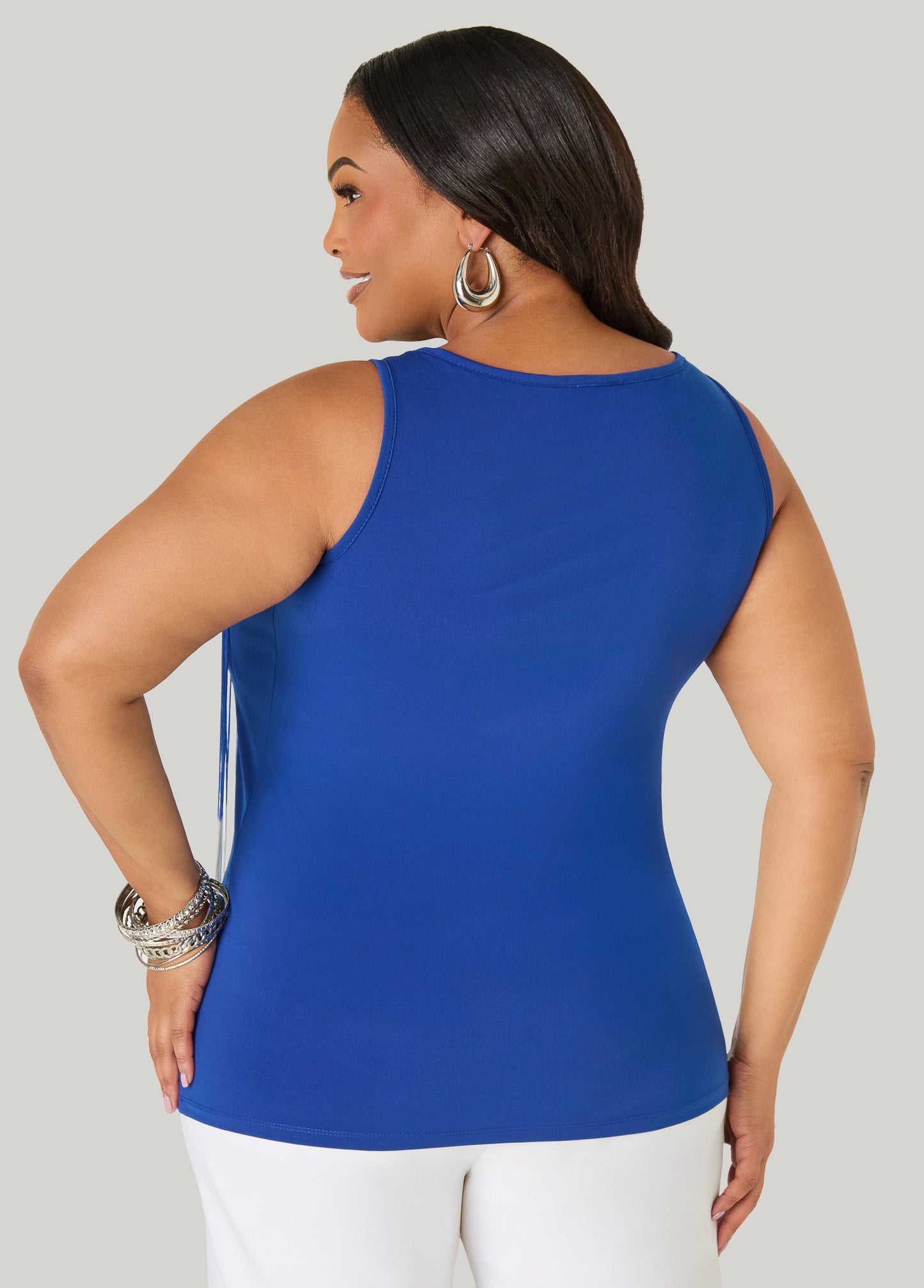 Ashley Stewart Fringed Mesh Paneled Top Sodalite
