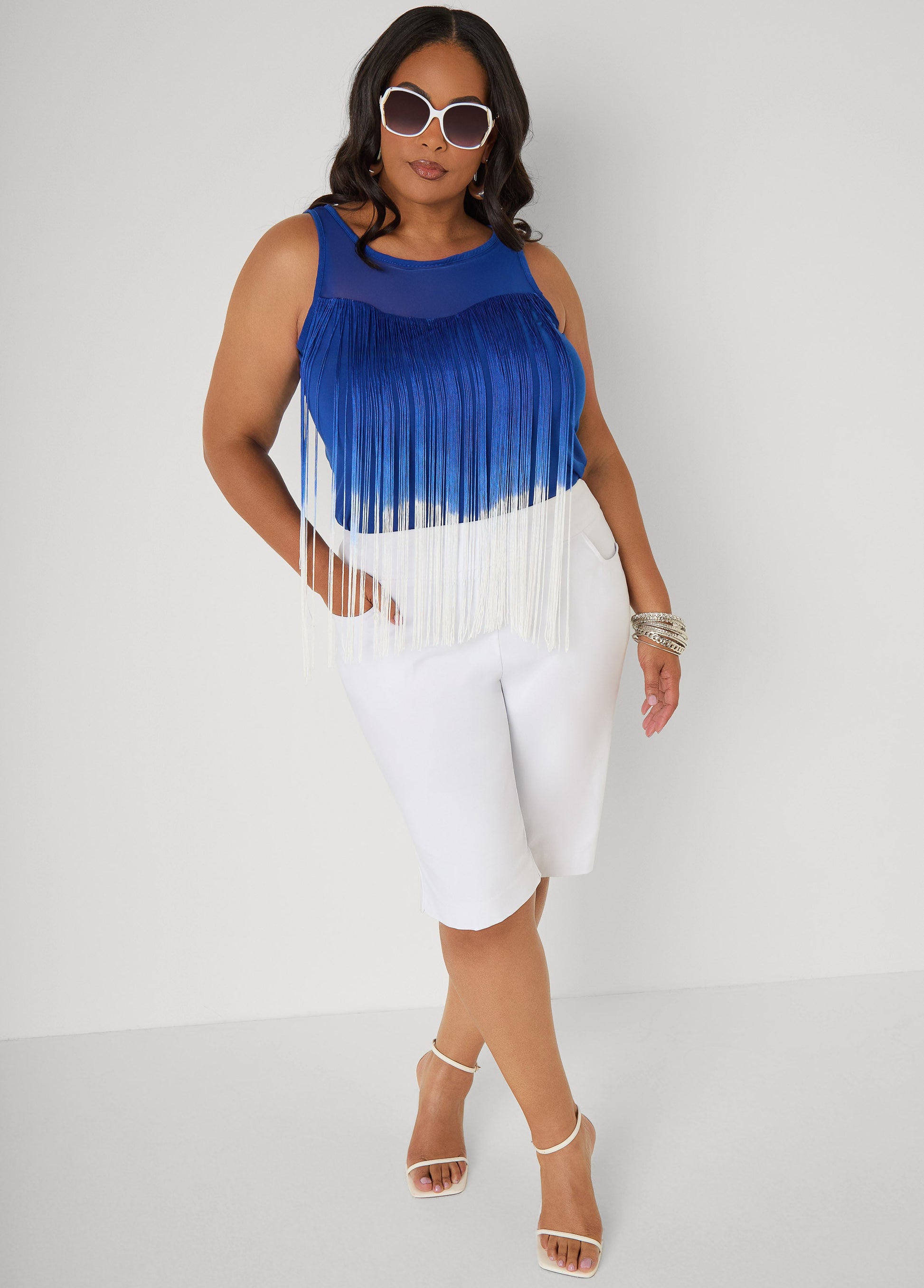 Ashley Stewart Fringed Mesh Paneled Top Sodalite