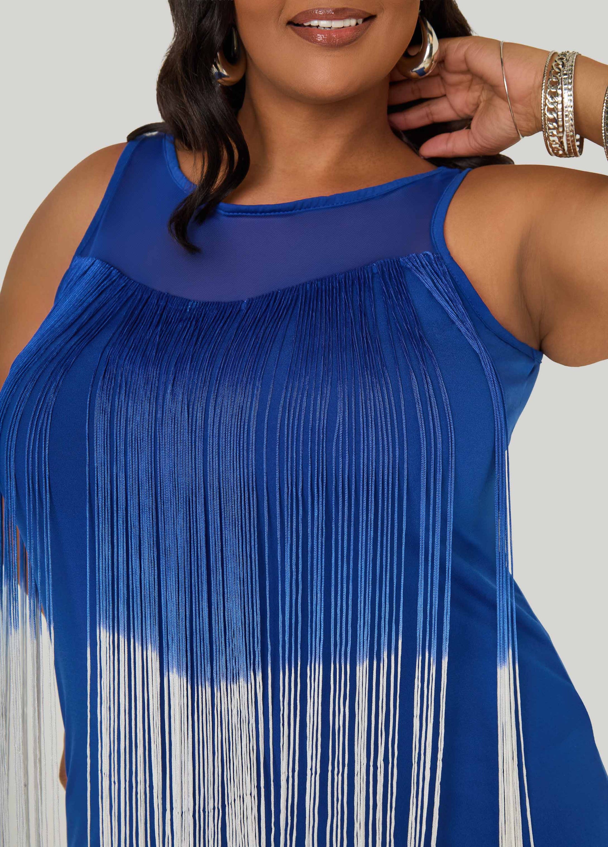 Ashley Stewart Fringed Mesh Paneled Top Sodalite
