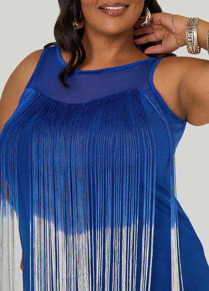 Ashley Stewart Fringed Mesh Paneled Top Sodalite