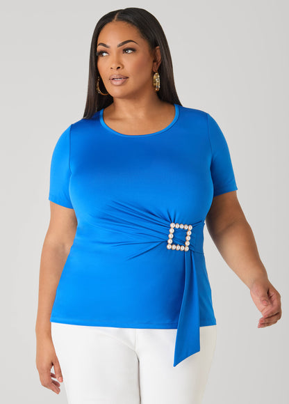 Ashley Stewart Faux Pearl Brooch Gathered Top Victoria Blue