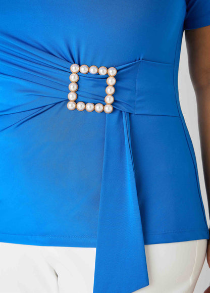 Ashley Stewart Faux Pearl Brooch Gathered Top Victoria Blue