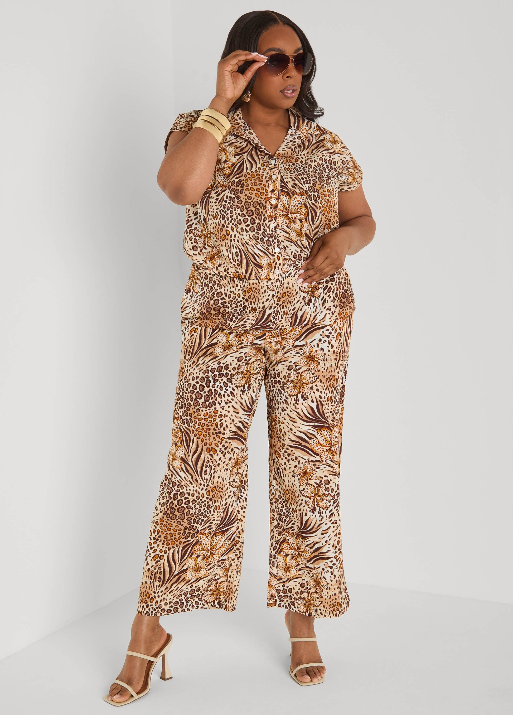 Ashley Stewart Printed Button Front Cropped Shirt Blue