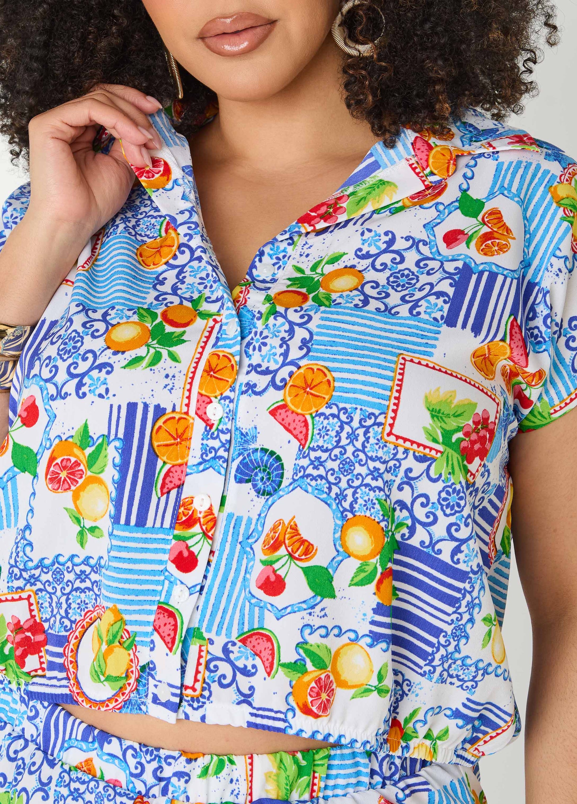 Ashley Stewart Printed Button Front Cropped Shirt Blue
