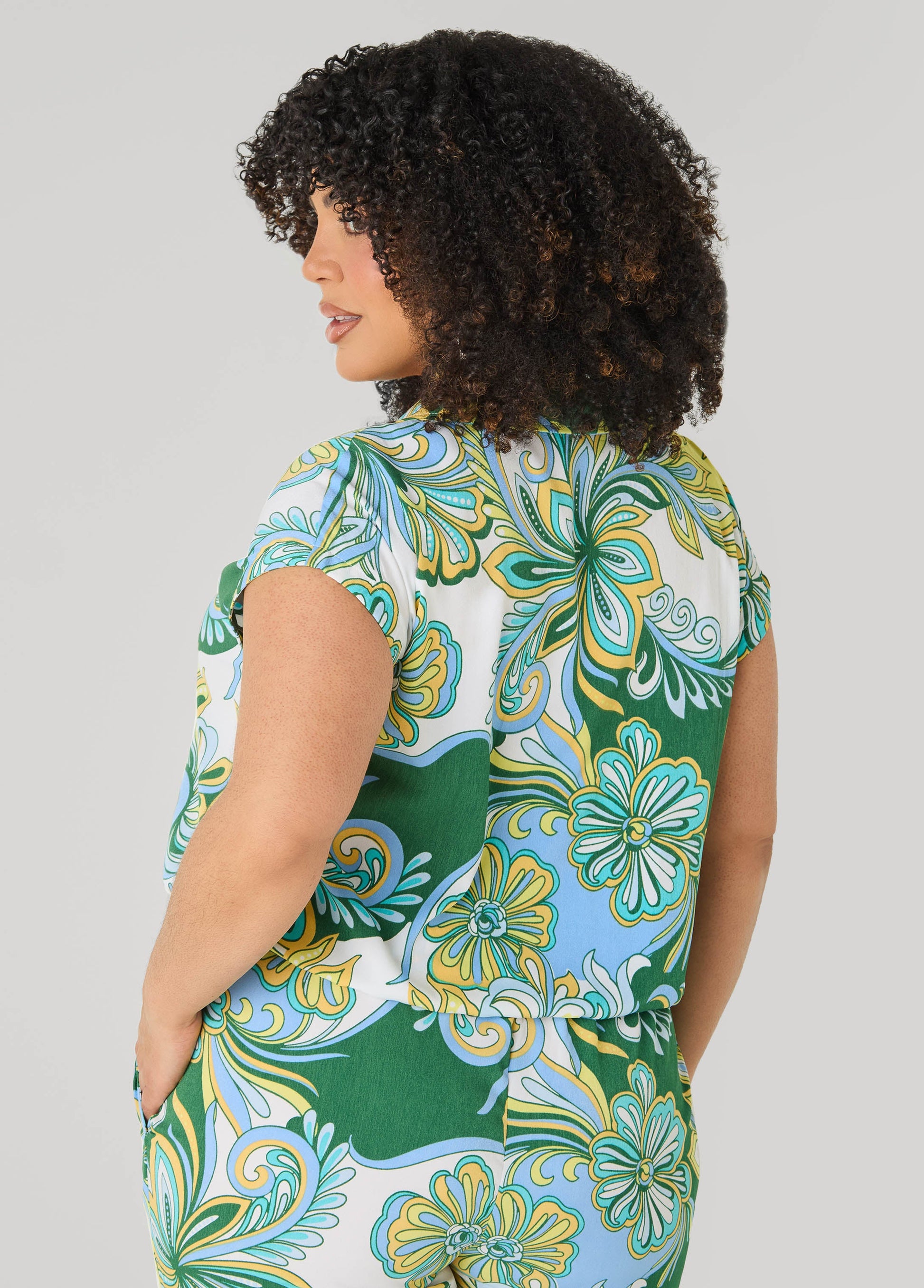 Ashley Stewart Printed Button Front Cropped Shirt Blue