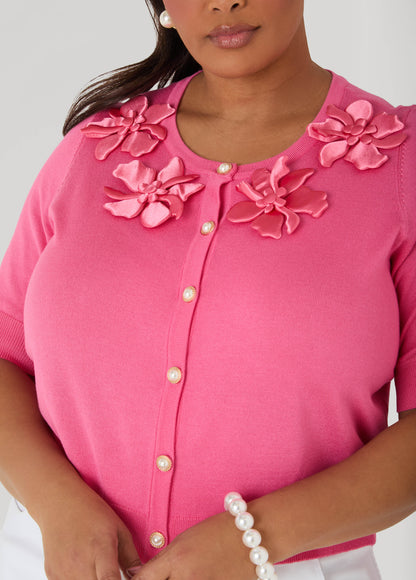 Ashley Stewart Satin Floral Applique Cardigan Confetti