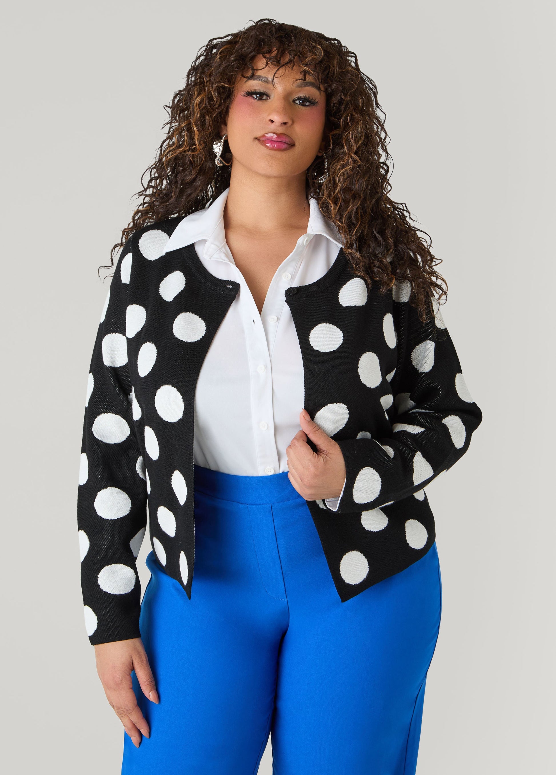 Ashley Stewart Polka Dot Cardigan Black White