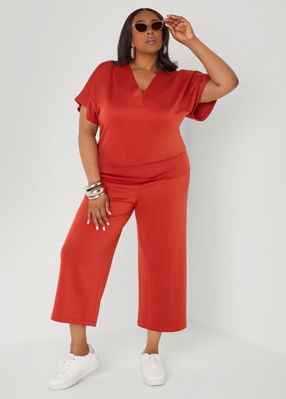 Ashley Stewart Athletic Knit V Neck Top Rust