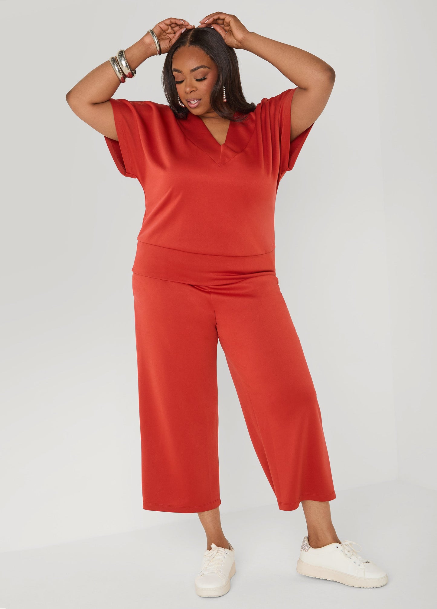 Ashley Stewart Athletic Knit V Neck Top Rust