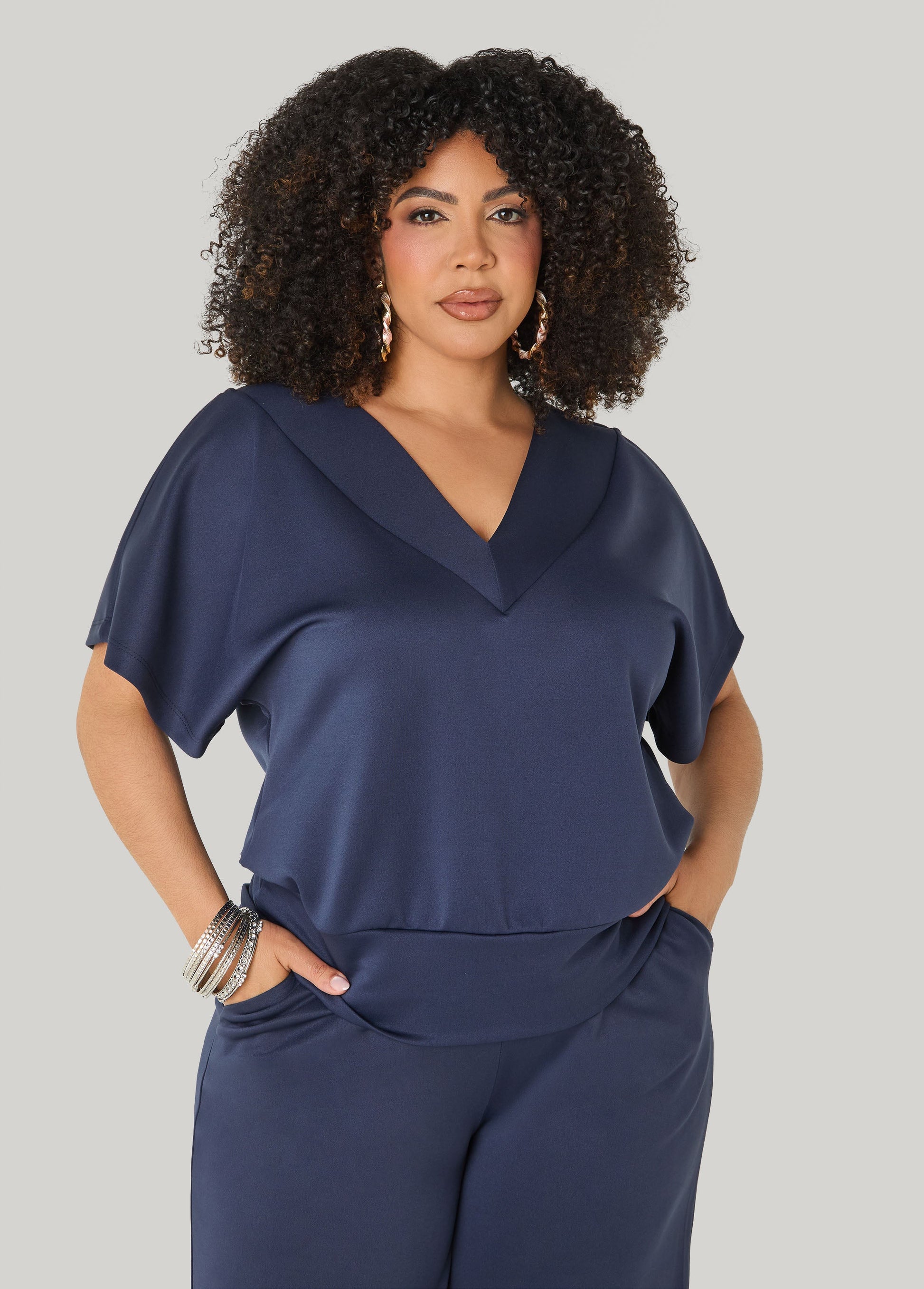 Ashley Stewart V Neck Athletic Knit Top Navy