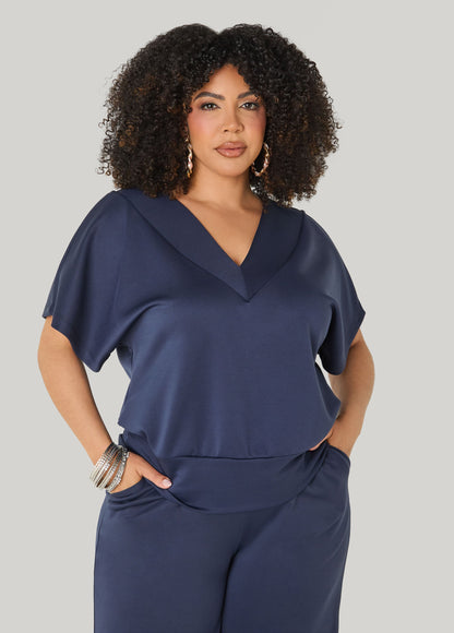 Ashley Stewart V Neck Athletic Knit Top Navy