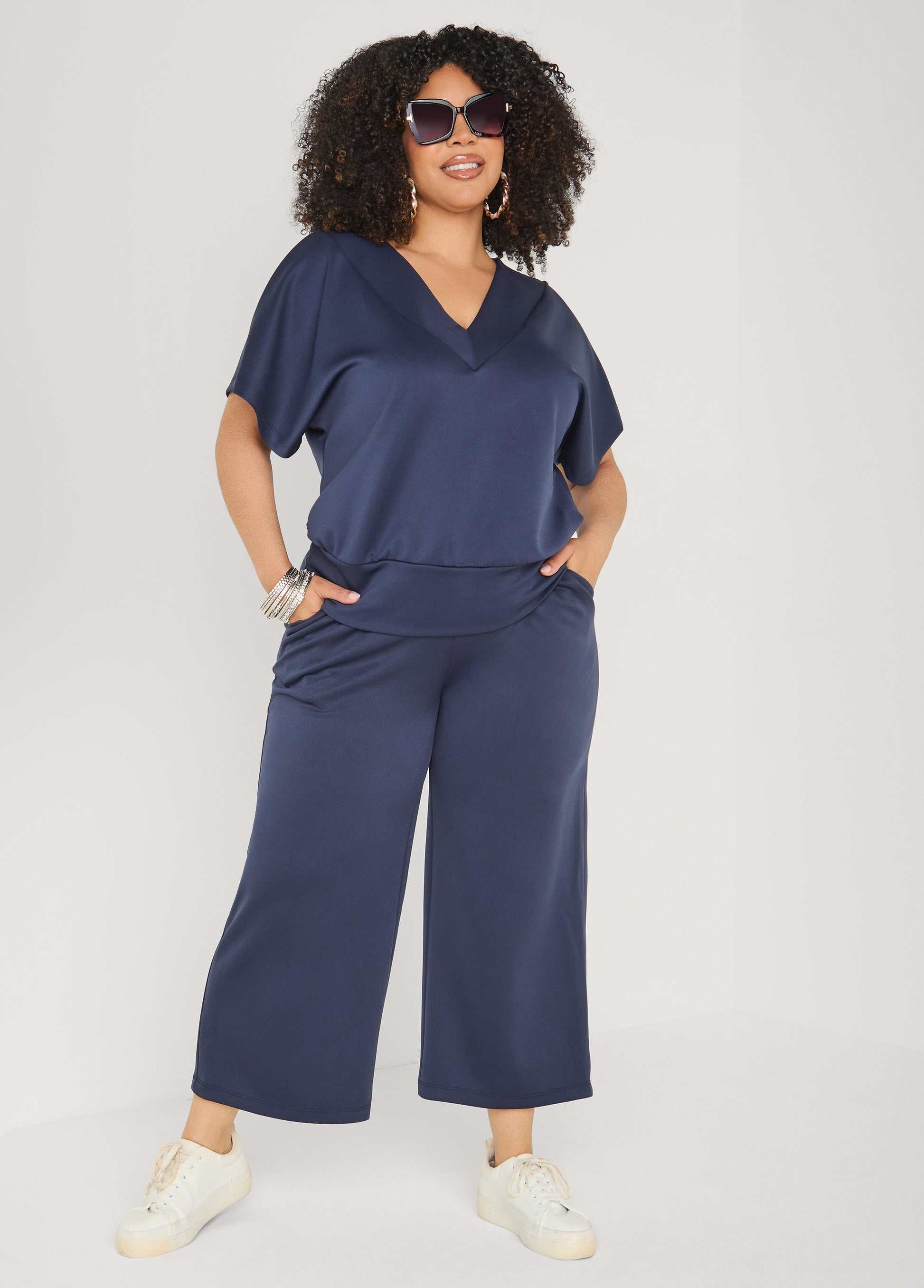 Ashley Stewart V Neck Athletic Knit Top Navy