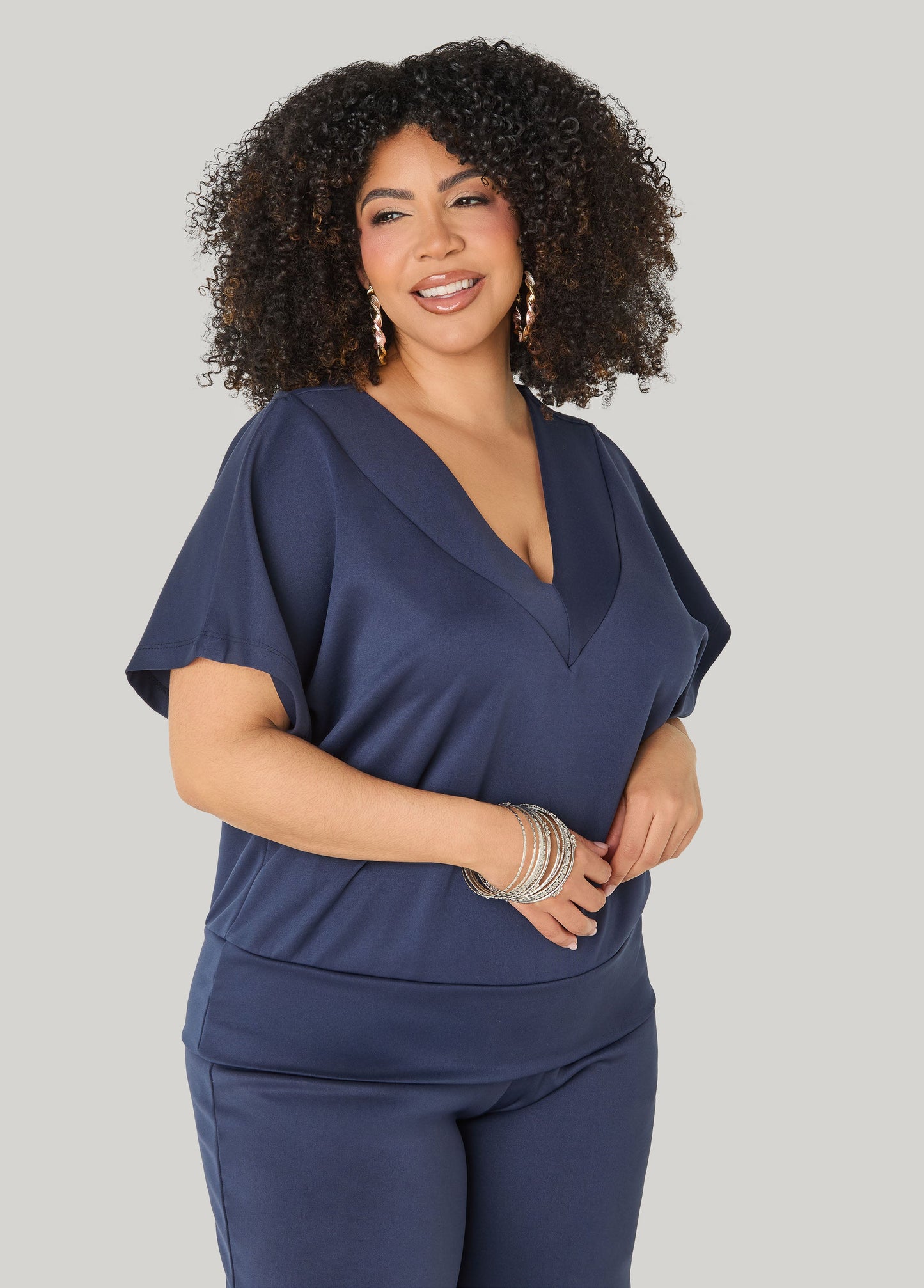 Ashley Stewart V Neck Athletic Knit Top Navy