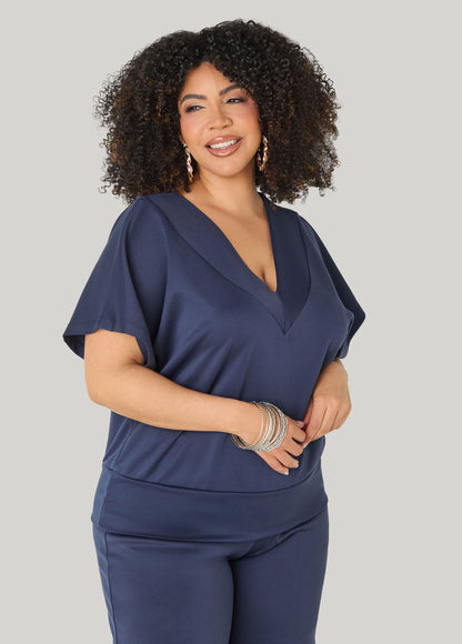 Ashley Stewart V Neck Athletic Knit Top Navy